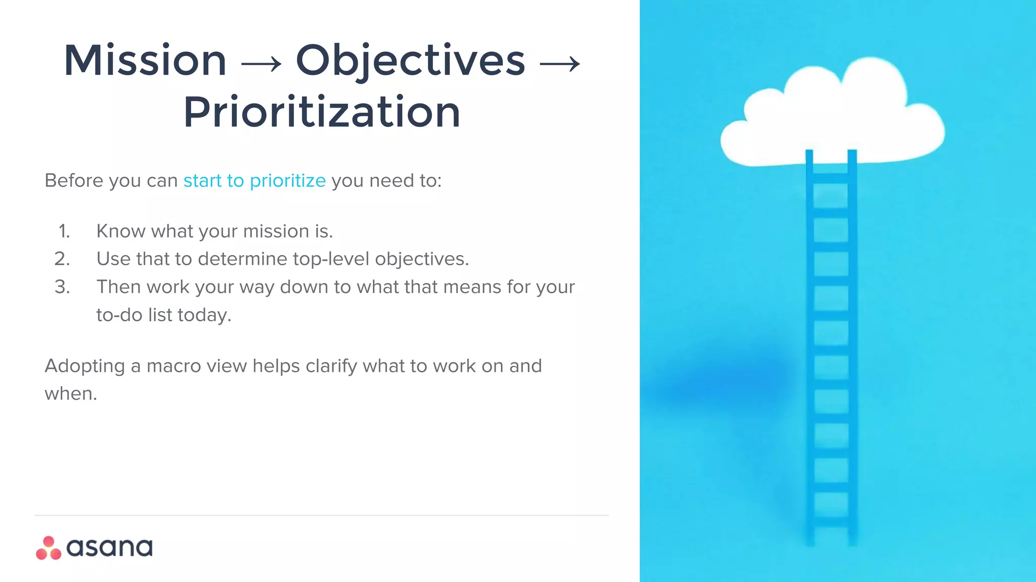 Mission → Objectives →
Prioritization
Before you can start to prioritize you need to:
1. Know what your mission is.
2. Use that to determine top-level objectives.
3. Then work your way down to what that means for your
to-do list today.
Adopting a macro view helps clarify what to work on and
when.
 