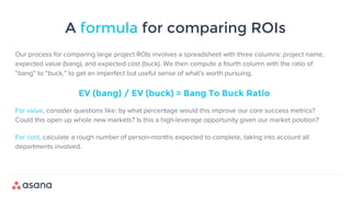 A formula for comparing ROIs
Our process for comparing large project ROIs involves a spreadsheet with three columns: project name,
expected value (bang), and expected cost (buck). We then compute a fourth column with the ratio of
“bang” to “buck,” to get an imperfect but useful sense of what’s worth pursuing.
EV (bang) / EV (buck) = Bang To Buck Ratio
For value, consider questions like: by what percentage would this improve our core success metrics?
Could this open up whole new markets? Is this a high-leverage opportunity given our market position?
For cost, calculate a rough number of person-months expected to complete, taking into account all
departments involved.
 