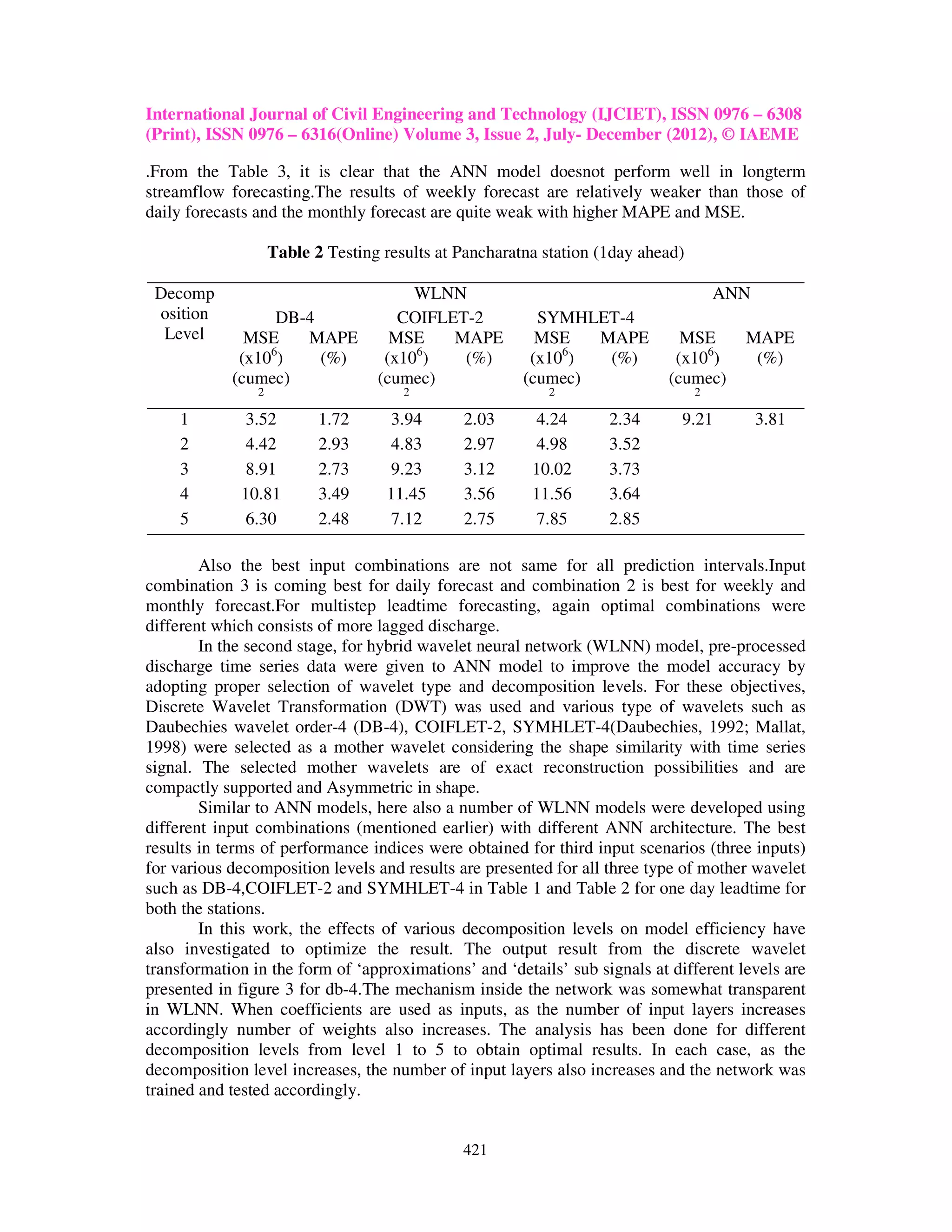 International Journal of Civil Engineering and Technology (IJCIET), ISSN 0976 – 6308
(Print), ISSN 0976 – 6316(Online) Volume 3, Issue 2, July- December (2012), © IAEME

.From the Table 3, it is clear that the ANN model doesnot perform well in longterm
streamflow forecasting.The results of weekly forecast are relatively weaker than those of
daily forecasts and the monthly forecast are quite weak with higher MAPE and MSE.

                    Table 2 Testing results at Pancharatna station (1day ahead)

 Decomp                                 WLNN                                          ANN
 osition          DB-4                COIFLET-2           SYMHLET-4
  Level       MSE    MAPE            MSE    MAPE          MSE   MAPE          MSE       MAPE
             (x106)    (%)          (x106)   (%)         (x106)  (%)         (x106)      (%)
            (cumec)                (cumec)              (cumec)             (cumec)
                2                      2                   2                      2

     1        3.52         1.72     3.94       2.03      4.24       2.34      9.21          3.81
     2        4.42         2.93     4.83       2.97      4.98       3.52
     3        8.91         2.73     9.23       3.12      10.02      3.73
     4       10.81         3.49     11.45      3.56      11.56      3.64
     5        6.30         2.48     7.12       2.75      7.85       2.85

        Also the best input combinations are not same for all prediction intervals.Input
combination 3 is coming best for daily forecast and combination 2 is best for weekly and
monthly forecast.For multistep leadtime forecasting, again optimal combinations were
different which consists of more lagged discharge.
        In the second stage, for hybrid wavelet neural network (WLNN) model, pre-processed
discharge time series data were given to ANN model to improve the model accuracy by
adopting proper selection of wavelet type and decomposition levels. For these objectives,
Discrete Wavelet Transformation (DWT) was used and various type of wavelets such as
Daubechies wavelet order-4 (DB-4), COIFLET-2, SYMHLET-4(Daubechies, 1992; Mallat,
1998) were selected as a mother wavelet considering the shape similarity with time series
signal. The selected mother wavelets are of exact reconstruction possibilities and are
compactly supported and Asymmetric in shape.
        Similar to ANN models, here also a number of WLNN models were developed using
different input combinations (mentioned earlier) with different ANN architecture. The best
results in terms of performance indices were obtained for third input scenarios (three inputs)
for various decomposition levels and results are presented for all three type of mother wavelet
such as DB-4,COIFLET-2 and SYMHLET-4 in Table 1 and Table 2 for one day leadtime for
both the stations.
        In this work, the effects of various decomposition levels on model efficiency have
also investigated to optimize the result. The output result from the discrete wavelet
transformation in the form of ‘approximations’ and ‘details’ sub signals at different levels are
presented in figure 3 for db-4.The mechanism inside the network was somewhat transparent
in WLNN. When coefficients are used as inputs, as the number of input layers increases
accordingly number of weights also increases. The analysis has been done for different
decomposition levels from level 1 to 5 to obtain optimal results. In each case, as the
decomposition level increases, the number of input layers also increases and the network was
trained and tested accordingly.


                                               421
 