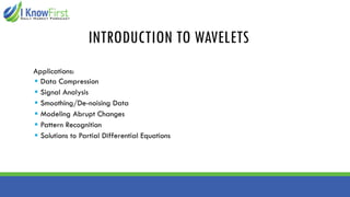 INTRODUCTION TO WAVELETS
Applications:
▪ Data Compression
▪ Signal Analysis
▪ Smoothing/De-noising Data
▪ Modeling Abrupt Changes
▪ Pattern Recognition
▪ Solutions to Partial Differential Equations
 