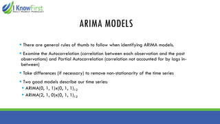 ARIMA MODELS
▪ There are general rules of thumb to follow when identifying ARIMA models.
▪ Examine the Autocorrelation (correlation between each observation and the past
observations) and Partial Autocorrelation (correlation not accounted for by lags in-
between)
▪ Take differences (if necessary) to remove non-stationarity of the time series
▪ Two good models describe our time series:
▪ ARIMA(0, 1, 1)x(0, 1, 1)12
▪ ARIMA(2, 1, 0)x(0, 1, 1)12
 