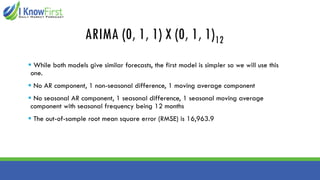 ARIMA (0, 1, 1) X (0, 1, 1)12
▪ While both models give similar forecasts, the first model is simpler so we will use this
one.
▪ No AR component, 1 non-seasonal difference, 1 moving average component
▪ No seasonal AR component, 1 seasonal difference, 1 seasonal moving average
component with seasonal frequency being 12 months
▪ The out-of-sample root mean square error (RMSE) is 16,963.9
 