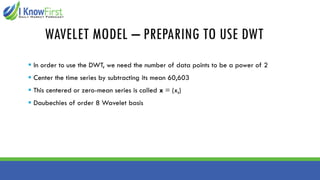 WAVELET MODEL – PREPARING TO USE DWT
▪ In order to use the DWT, we need the number of data points to be a power of 2
▪ Center the time series by subtracting its mean 60,603
▪ This centered or zero-mean series is called x = (xt)
▪ Daubechies of order 8 Wavelet basis
 