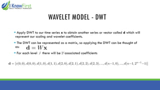 WAVELET MODEL - DWT
▪ Apply DWT to our time series x to obtain another series or vector called d which will
represent our scaling and wavelet coefficients.
▪ The DWT can be represented as a matrix, so applying the DWT can be thought of
as:
▪ For each level there will be associated coefficients
 