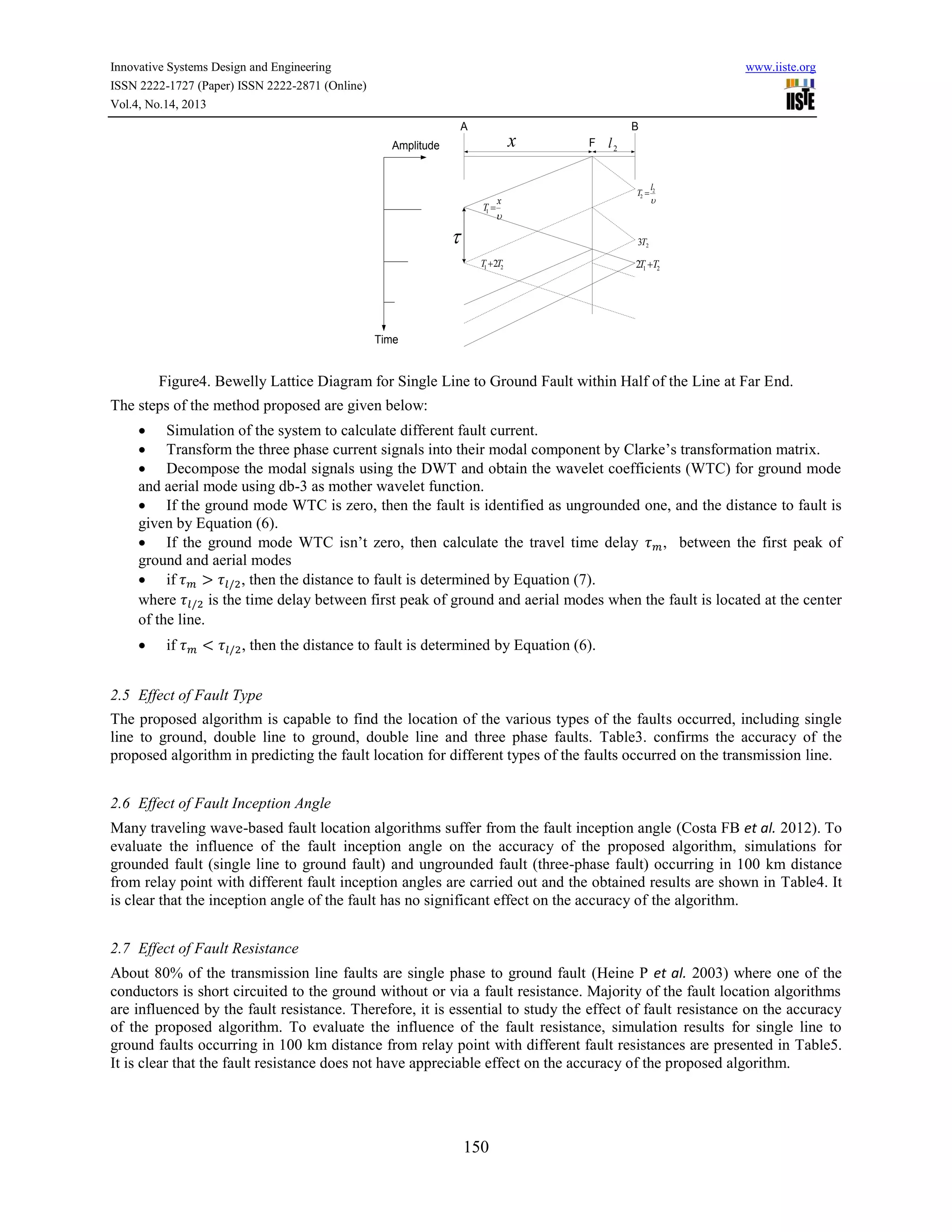 Innovative Systems Design and Engineering
ISSN 2222-1727 (Paper) ISSN 2222-2871 (Online)
Vol.4, No.14, 2013

www.iiste.org

A

B

x

Amplitude

T
1



F

x


l2
T2 

l2


3T2

T1  2T2

2T1 T2

Time

Figure4. Bewelly Lattice Diagram for Single Line to Ground Fault within Half of the Line at Far End.
The steps of the method proposed are given below:
 Simulation of the system to calculate different fault current.
 Transform the three phase current signals into their modal component by Clarke’s transformation matrix.
 Decompose the modal signals using the DWT and obtain the wavelet coefficients (WTC) for ground mode
and aerial mode using db-3 as mother wavelet function.
 If the ground mode WTC is zero, then the fault is identified as ungrounded one, and the distance to fault is
given by Equation (6).
 If the ground mode WTC isn’t zero, then calculate the travel time delay
, between the first peak of
ground and aerial modes
 if
, then the distance to fault is determined by Equation (7).
where
is the time delay between first peak of ground and aerial modes when the fault is located at the center
of the line.


if

, then the distance to fault is determined by Equation (6).

2.5 Effect of Fault Type
The proposed algorithm is capable to find the location of the various types of the faults occurred, including single
line to ground, double line to ground, double line and three phase faults. Table3. confirms the accuracy of the
proposed algorithm in predicting the fault location for different types of the faults occurred on the transmission line.
2.6 Effect of Fault Inception Angle
Many traveling wave-based fault location algorithms suffer from the fault inception angle (Costa FB et al. 2012). To
evaluate the influence of the fault inception angle on the accuracy of the proposed algorithm, simulations for
grounded fault (single line to ground fault) and ungrounded fault (three-phase fault) occurring in 100 km distance
from relay point with different fault inception angles are carried out and the obtained results are shown in Table4. It
is clear that the inception angle of the fault has no significant effect on the accuracy of the algorithm.
2.7 Effect of Fault Resistance
About 80% of the transmission line faults are single phase to ground fault (Heine P et al. 2003) where one of the
conductors is short circuited to the ground without or via a fault resistance. Majority of the fault location algorithms
are influenced by the fault resistance. Therefore, it is essential to study the effect of fault resistance on the accuracy
of the proposed algorithm. To evaluate the influence of the fault resistance, simulation results for single line to
ground faults occurring in 100 km distance from relay point with different fault resistances are presented in Table5.
It is clear that the fault resistance does not have appreciable effect on the accuracy of the proposed algorithm.

150

 