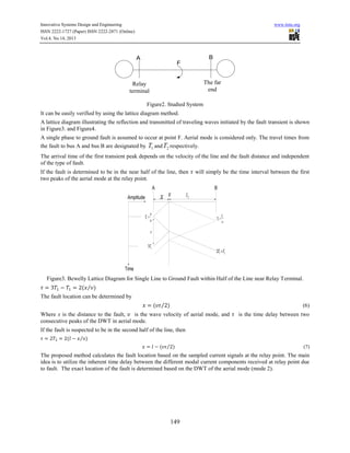 Innovative Systems Design and Engineering
ISSN 2222-1727 (Paper) ISSN 2222-2871 (Online)
Vol.4, No.14, 2013

www.iiste.org

B

A

F
The far
end

Relay
terminal
Figure2. Studied System
It can be easily verified by using the lattice diagram method.

A lattice diagram illustrating the reflection and transmitted of traveling waves initiated by the fault transient is shown
in Figure3. and Figure4.
A single phase to ground fault is assumed to occur at point F. Aerial mode is considered only. The travel times from
the fault to bus A and bus B are designated by T1 and T2 respectively.
The arrival time of the first transient peak depends on the velocity of the line and the fault distance and independent
of the type of fault.
If the fault is determined to be in the near half of the line, then
two peaks of the aerial mode at the relay point.
A

B

x

Amplitude
T1 

will simply be the time interval between the first

F

x


l2

l
T2  2



3T1

2T1 T2

Time

Figure3. Bewelly Lattice Diagram for Single Line to Ground Fault within Half of the Line near Relay Terminal.
( ⁄ )
The fault location can be determined by
( ⁄ )

(6)

Where x is the distance to the fault,
is the wave velocity of aerial mode, and
consecutive peaks of the DWT in aerial mode.

is the time delay between two

If the fault is suspected to be in the second half of the line, then
(

⁄ )
( ⁄ )

(7)

The proposed method calculates the fault location based on the sampled current signals at the relay point. The main
idea is to utilize the inherent time delay between the different modal current components received at relay point due
to fault. The exact location of the fault is determined based on the DWT of the aerial mode (mode 2).

149

 