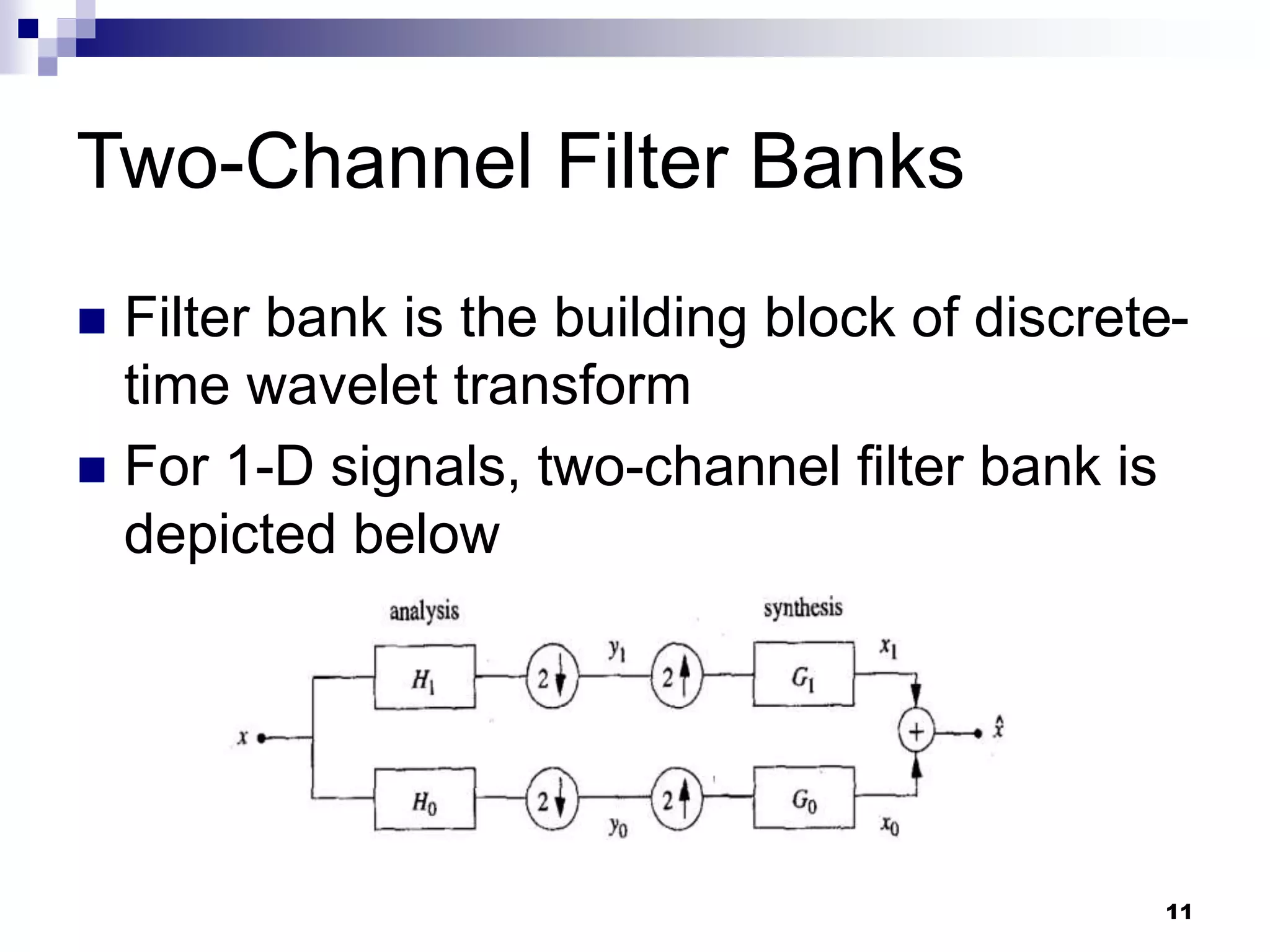 11
Two-Channel Filter Banks
 Filter bank is the building block of discrete-
time wavelet transform
 For 1-D signals, two-channel filter bank is
depicted below
 