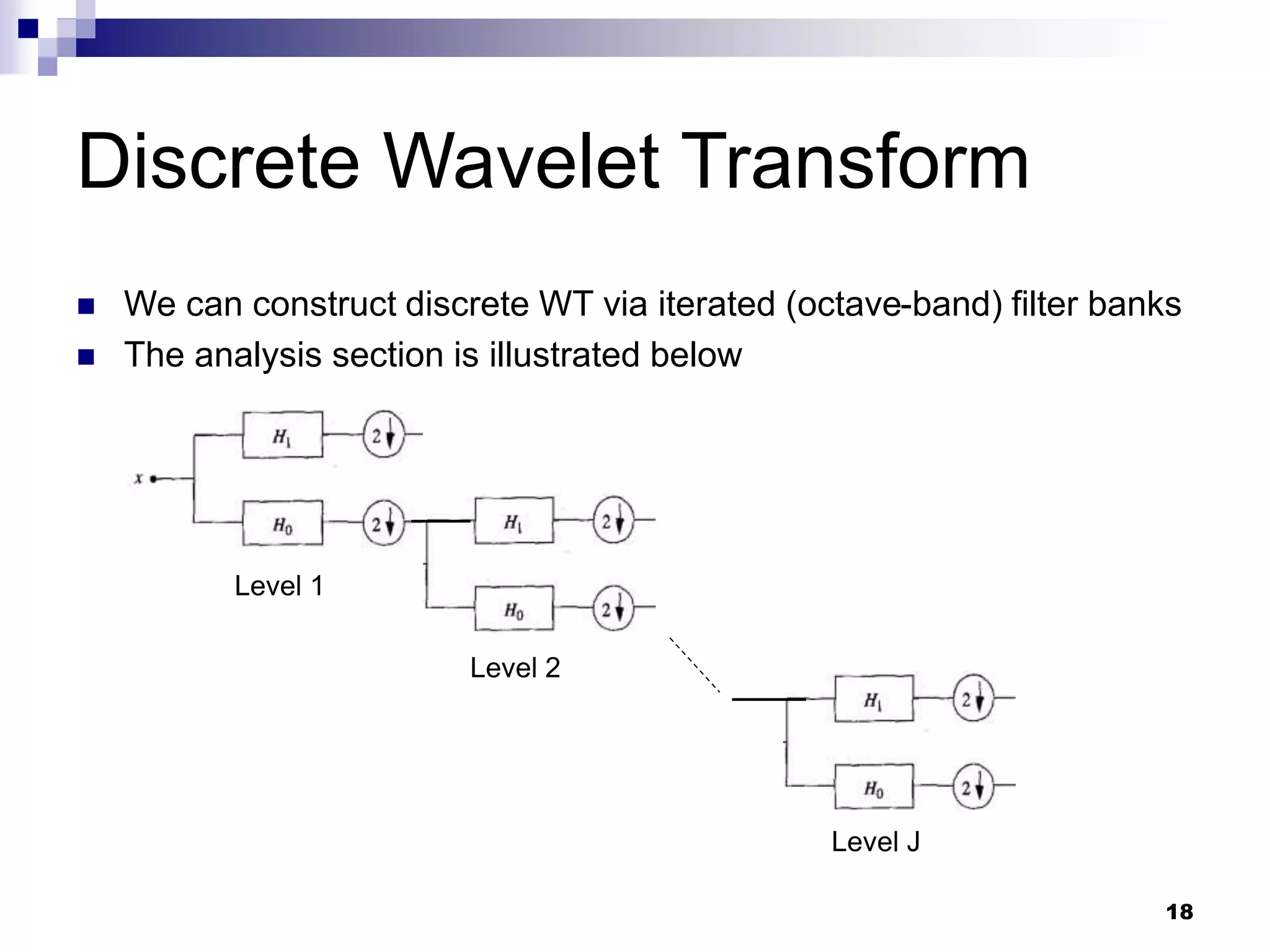 18
Discrete Wavelet Transform
 We can construct discrete WT via iterated (octave-band) filter banks
 The analysis section is illustrated below
Level 1
Level 2
Level J
 