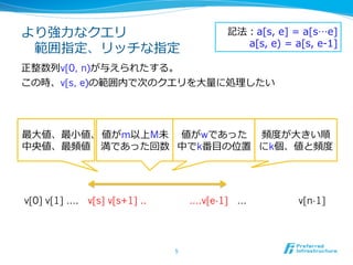 より強⼒力力なクエリ                                記法：a[s,  e]  =  a[s…e]
                                            a[s,  e)  =  a[s,  e-‐‑‒1]
 　範囲指定、リッチな指定
正整数列列v[0, n)が与えられたする。
この時、v[s, e)の範囲内で次のクエリを⼤大量量に処理理したい




最⼤大値、最⼩小値、 値がm以上M未 値がwであった 頻度度が⼤大きい順
中央値、最頻値 満であった回数 中でk番⽬目の位置 にk個、値と頻度度




v[0] v[1] …. v[s] v[s+1] ..         ….v[e-1] …              v[n-1]




                              5	
 