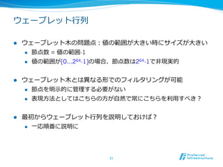 ウェーブレット⾏行行列列

l    ウェーブレット⽊木の問題点：値の範囲が⼤大きい時にサイズが⼤大きい
      l  節点数 = 値の範囲-1

      l  値の範囲が[0…264-1]の場合、節点数は264-1で⾮非現実的



l    ウェーブレット⽊木とは異異なる形でのフィルタリングが可能
      l  節点を明⽰示的に管理理する必要がない

      l  表現⽅方法としてはこちらの⽅方が⾃自然で常にこちらを利利⽤用すべき？



l    最初からウェーブレット⾏行行列列を説明しておけば？
      l  ⼀一応順番に説明に




                        51	
 