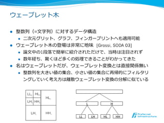ウェーブレット⽊木

l  整数列列（=⽂文字列列）に対するデータ構造
    l  ⼆二次元グリット、グラフ、フィンガープリントへも適⽤用可能

l  ウェーブレット⽊木の登場は⾮非常に地味    [Grossi, SODA 03]
    l  論論⽂文中の1段落落で簡単に紹介されただけで、当時は注⽬目されず

    l  数年年経ち、驚くほど多くの処理理できることがわかってきた

l  名はウェーブレットだが、ウェーブレット変換とは直接関係無い
    l  整数列列を⼤大きい値の集合、⼩小さい値の集合に再帰的にフィルタリ

        ングしていく考え⽅方は離離散ウェーブレット変換の分解に似ている




                              L	
                 H	


                      LL	
                       12	
         LH	
   HL	
         HH	
 