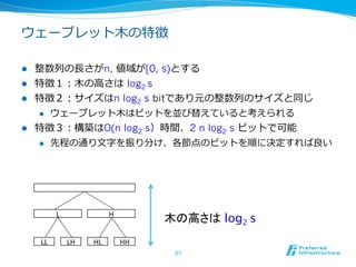ウェーブレット⽊木の特徴

l  整数列列の⻑⾧長さがn, 値域が[0, s)とする
l  特徴１：⽊木の⾼高さは  log2 s
l  特徴２：サイズはn log2 s bitであり元の整数列列のサイズと同じ
    l  ウェーブレット⽊木はビットを並び替えていると考えられる

l  特徴３：構築はO(n log2 s）時間、2 n log2 s ビットで可能
    l  先程の通り⽂文字を振り分け、各節点のビットを順に決定すれば良良い




             L	
                 H	
                                              木の高さは log2 s	
      LL	
         LH	
   HL	
         HH	
                                               27	
 