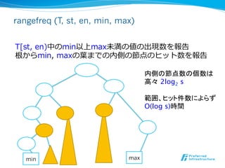 rangefreq (T, st, en, min, max)


T[st,  en)中のmin以上max未満の値の出現数を報告
根からmin,  maxの葉葉までの内側の節点のヒット数を報告

 　                                 内側の節点数の個数は
                                   高々 2log2 s
                                   
                                   範囲、ヒット件数によらず
                                   O(log s)時間	




     min                     max
 