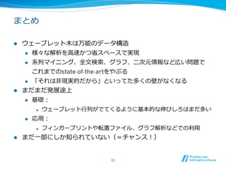 実際につかってみる

l    ⾼高速⽂文字列列解析のサポートページにいくつか実装例例があります
       l  “⾼高速⽂文字列列解析  サポートページ”でググる

       l  完備辞書

              l    sdarray
              l    rsdic
       l    ウェーブレット⽊木
              l    wat_̲array


l    その他の利利⽤用例例（どちらも⽥田部井さん）
      l  全⽂文検索索 fmindex++ http://code.google.com/p/fmindex-plus-plus/

       l    グラフの類似検索索 gwt http://code.google.com/p/gwt/


                                      65	
 