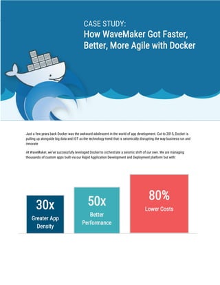 Just a few years back Docker was the awkward adolescent in the world of app development. Cut to 2015, Docker is
pulling up alongside big data and IOT as the technology trend that is seismically disrupting the way business run and
innovate
At WaveMaker, we’ve successfully leveraged Docker to orchestrate a seismic shift of our own. We are managing
thousands of custom apps built via our Rapid Application Development and Deployment platform but with:
CASE STUDY:
How WaveMaker Got Faster,
Better, More Agile with Docker
30x
Greater App
Density
50x
Better
Performance
80%
Lower Costs
 