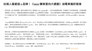 受到疫情、晶片短缺影響，雖然台灣車市去年小幅衰退 1.7%（449,859 輛），但在政府舊換新補助、新車輩出下依然買氣熱絡，而消費者購
車選擇也不同以往。根據東森民調雲與伽立略動察《2022 購車意向大調查》，指出台灣消費者未來購車逐漸偏好 Hybrid 油電混合與電動車，
汽／柴油動力則下降，同時車型選擇也以休旅車為主，至於品牌選擇上則以日系TOYOTA、Honda 最多，其次為 Lexus 跟賓士（Mercedes-
Benz）。
《2022 購車意向大調查》是以 2021 年 12 月 11－20 日、滿 18 歲以上且有汽車駕照的台灣民眾爲受訪者，共收集 5,412 樣本意見。其中在動力
選擇上，雖然目前擁有車款以汽油為主（90.7%），柴油、油電不到 5%，但在未來購車偏好上油電車則提升至42.7%、純電動車也提升至
9.7%，顯見消費者逐漸接受電動化趨勢。
車型方面，4 門房車仍為目前擁有車款中比例最高（40.5％）的車型，但未來購車時，SUV 休旅車（27.8%）則超越 4 門房車（23.9％），其
次則分別為掀背車（14.8％）、轎式休旅車（11%）、緊湊型休旅車（8.2%），與去年熱銷車款以Corolla Cross、RAV4、CR-V、Kuga 等休旅
車居多、房車（Sentra、Altis）次之的情況相符。另外，調查也發現，29 歲以下與 60 歲以上族群偏好 4 門房車，5 門掀背則是 39 歲以下，同
時預算低於 75 萬者也優先選擇房車、預算百萬以上者則以休旅車居多。
品牌偏好上，逾 4 成將TOYOTA 列入未來購車考慮中，其次則是 Honda、Lexus、賓士、Ford、BMW 與 Nissan。而第一指名率最高的則是
TOYOTA 與 Lexus，其他則是賓士、Honda、福特、BMW 與特斯拉。
資料來源：Ettoday 2022/1/6
台灣人最愛這 2 品牌！《2022 購車意向大調查》油電車偏好激增
 