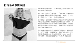 把握性別意識崛起
資料來源：新頭殼 newtalk
女性權益與性別意識提升，不只影響社會文化，連女性內衣市
場也因此產生劇烈變動。
過往主流內衣訴求是「性感曲線」、「堅挺豐滿」的鋼圈內衣，
但這個消費選擇逐漸被視為是過時的價值；取而代之的，是主
張「舒適自在」、「款式中性」的無鋼圈內衣。
據市場調查，這兩個截然不同的產品訴求在 2016 年後期出現極
大變化，從此時間點，無鋼圈內衣的銷售佔比就一路爬升，與
鋼圈內衣拉開大幅差距。許多創業家把握這波趨勢，紛紛鎖定
傳統內衣品牌無法滿足的市場缺口，在網路上成立自己的內衣
品牌、販售無鋼圈內衣。
在眾多新興品牌電商中，來自美國的「TomboyX」顯得特別突
出，他們不只是賣一件無鋼圈內衣， 還賦予這件內衣多元的性
別價值：無論你是女人、男人或性別中立（gender neutral），
只要你需要一件舒適的無鋼圈內衣，TomboyX 都能滿足你。
 