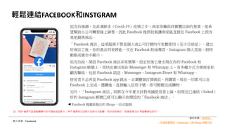 輕鬆連結FACEBOOK和INSTGRAM
影片來源：Facebook
註：PDF 檔案可直接點擊圖片即可連結至該影片；PPT 檔案則以投影片放映方式點擊，若非放映模式，則請按著 Ctrl 再點擊網址即可。
Facebook 推廣新推出的 Shops 一站式服務
祖克伯強調，在武漢肺炎（Covid-19）疫情之中，商家很難保持實體店面的營業，他希
望幫助小公司轉型線上銷售，因此 Facebook 提供技術讓商家能直接在 Facebook 上很容
易地銷售商品。
「Facebook 商店」這項服務不管是個人或公司行號均可免費使用（至少目前是）。建立
好商店之後，你的產品列表將能一次在 Facebook 粉絲專頁、Instagram 個人頁面、限時
動態或廣告中顯示。
祖克伯說，開設 Facebook 商店非常簡單，設定好後它會出現在你的 Facebook 和
Instagram 帳號上，很快也會出現在 Messenger 和 Whatsapp 上，有多種方式方便商家和
顧客聯絡，包括 Facebook 訊息、Messenger、Instagram Direct 和 Whatsapp。
使用者不必再從 Facebook app 跳出，去瀏覽器打開網頁，再購買。現在一切都可以在
Facebook 上完成，選購後，直接輸入信用卡號，即可輕鬆完成購物。
另外，「Instagram 商店」則將在今年夏天針對美國使用者上線，但現在已連結（linked）
好的 Instagram 帳號已經可以顯示你開設的「Facebook 商店」。
資料來源：INSIDE –
一秒當臉書電商！Facebook 上線 Shops 網購功能
 