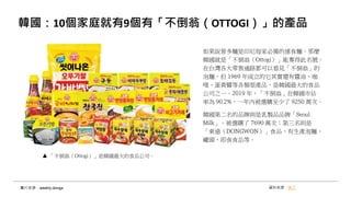 韓國：10個家庭就有9個有「不倒翁（OTTOGI）」的產品
如果說營多麵是印尼每家必備的速食麵，那麼
韓國就是「不倒翁（Ottogi）」能奪得此名號。
在台灣各大零售通路都可以看見「不倒翁」的
泡麵，但 1969 年成立的它其實還有醬油、咖
哩、蛋黃醬等各類型產品，是韓國最大的食品
公司之一。2019 年，「不倒翁」在韓國市佔
率為 90.2%，一年內被選購至少了 9250 萬次。
韓國第二名的品牌則是乳製品品牌「Seoul
Milk」，被選購了 7690 萬次；第三名則是
「東遠（DONGWON）」食品，有生產泡麵、
罐頭、即食食品等。
資料來源：食力圖片來源：weekly.donga
「不倒翁（Ottogi）」是韓國最大的食品公司。
 