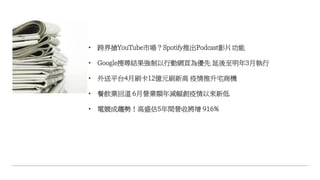 • 跨界搶YouTube市場？Spotify推出Podcast影片功能
• Google搜尋結果強制以行動網頁為優先 延後至明年3月執行
• 外送平台4月刷卡12億元刷新高 疫情推升宅商機
• 餐飲業回溫 6月營業額年減幅創疫情以來新低
• 電競成趨勢！高盛估5年間營收將增 916%
 