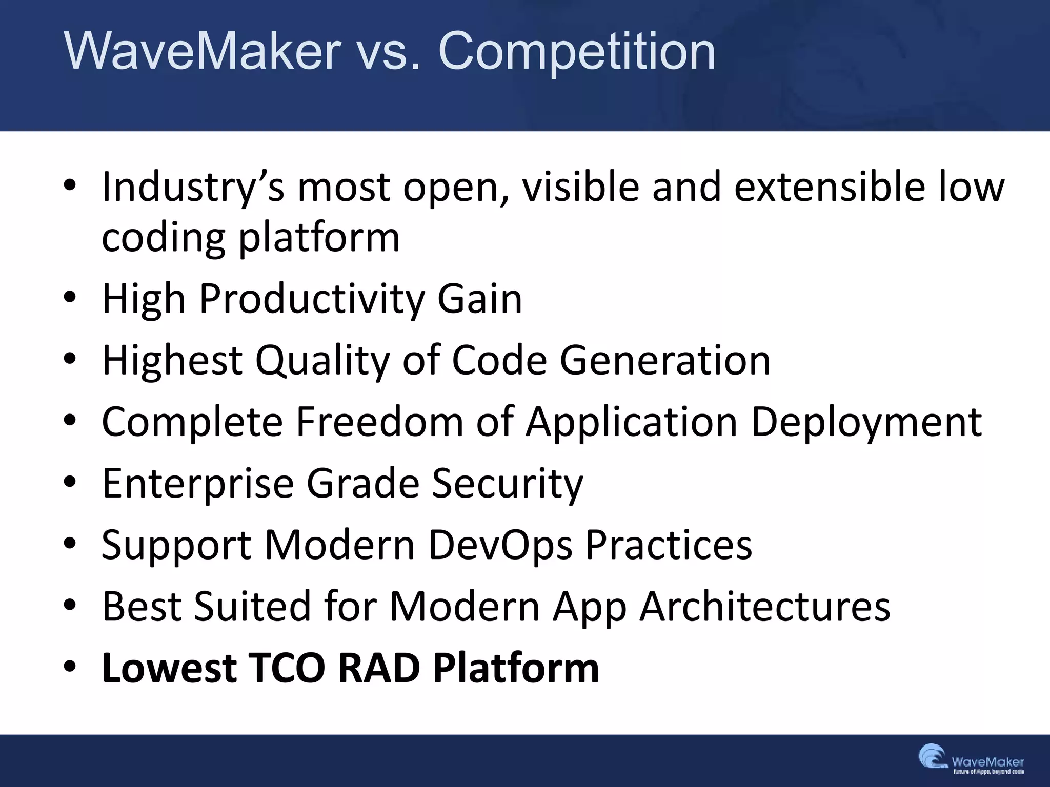 WaveMaker vs. Competition
• Industry’s most open, visible and extensible low
coding platform
• High Productivity Gain
• Highest Quality of Code Generation
• Complete Freedom of Application Deployment
• Enterprise Grade Security
• Support Modern DevOps Practices
• Best Suited for Modern App Architectures
• Lowest TCO RAD Platform
 