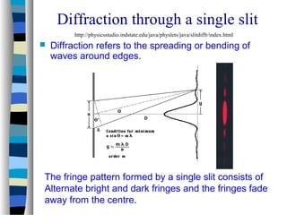 Diffraction through a single slit
 Diffraction refers to the spreading or bending of
waves around edges.
The fringe pattern formed by a single slit consists of
Alternate bright and dark fringes and the fringes fade
away from the centre.
http://physicsstudio.indstate.edu/java/physlets/java/slitdiffr/index.html
 