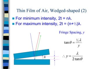θ t
Thin Film of Air, Wedged-shaped (2)
 For minimum intensity, 2t = nλ.
 For maximum intensity, 2t = (n+½)λ.
Fringe Spacing, y


tan
2

 y
y

 2
1
tan 
 