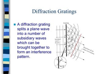Diffraction Gratings
 A diffraction grating
splits a plane wave
into a number of
subsidiary waves
which can be
brought together to
form an interference
pattern.
 