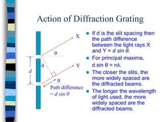 Action of Diffraction Grating
 If d is the slit spacing then
the path difference
between the light rays X
and Y = d sin θ.
 For principal maxima,
d sin θ = nλ.
 The closer the slits, the
more widely spaced are
the diffracted beams.
 The longer the wavelength
of light used, the more
widely spaced are the
diffracted beams.
d
Path difference
= d sin θ
θ
θ
θ
X
Y
 