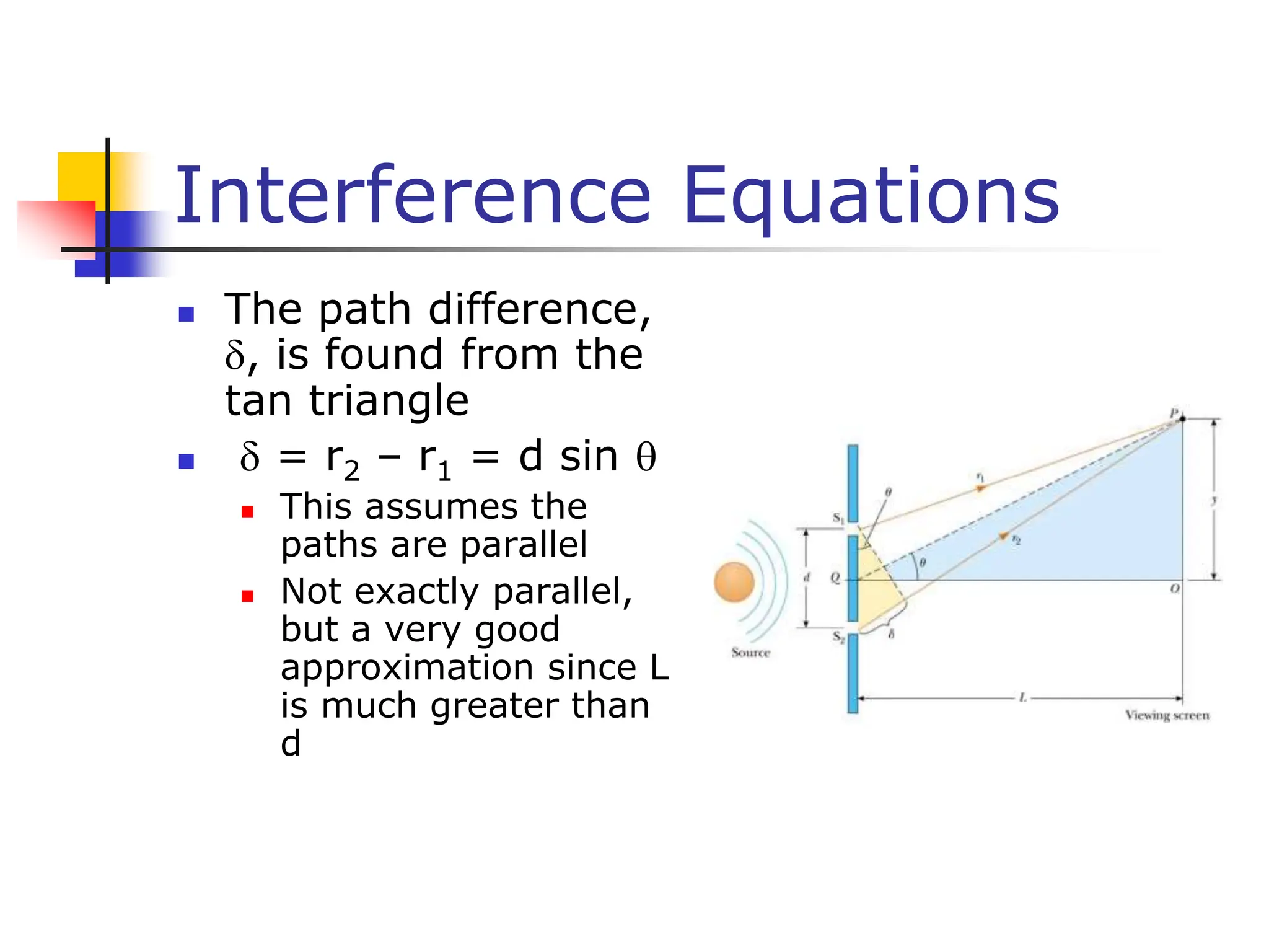 Interference Equations
 The path difference,
, is found from the
tan triangle
  = r2 – r1 = d sin 
 This assumes the
paths are parallel
 Not exactly parallel,
but a very good
approximation since L
is much greater than
d
 