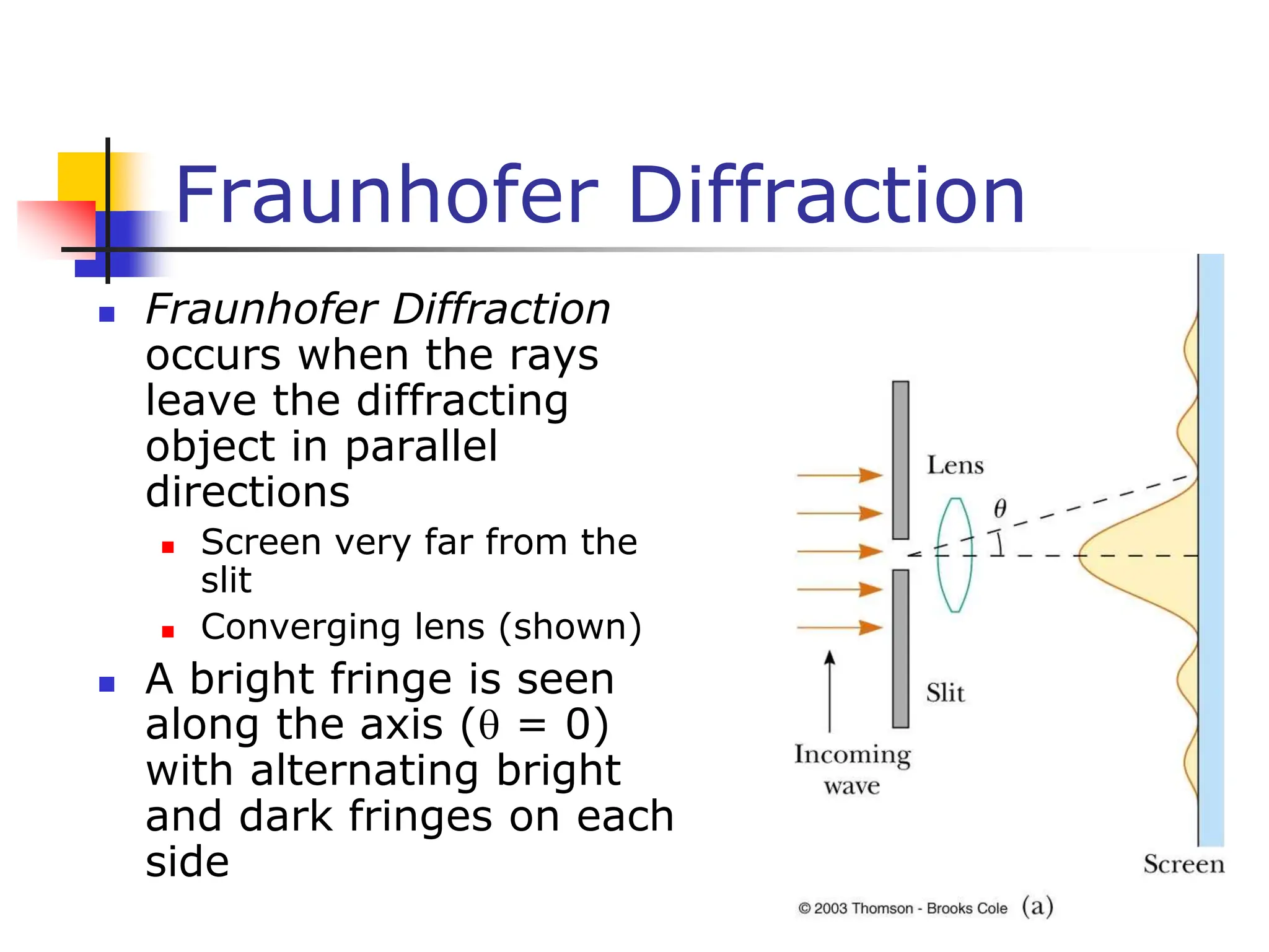 Fraunhofer Diffraction
 Fraunhofer Diffraction
occurs when the rays
leave the diffracting
object in parallel
directions
 Screen very far from the
slit
 Converging lens (shown)
 A bright fringe is seen
along the axis ( = 0)
with alternating bright
and dark fringes on each
side
 