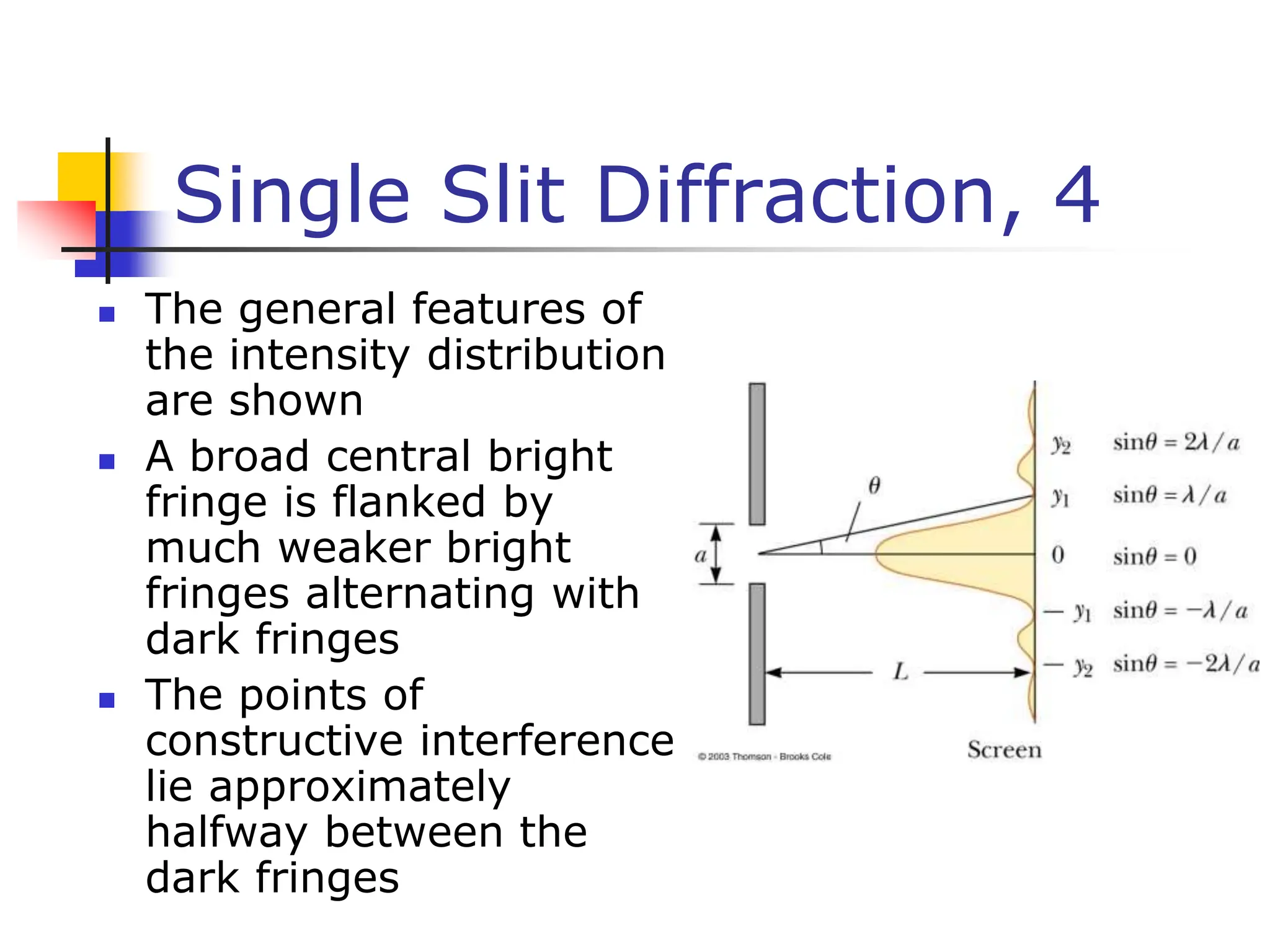 Single Slit Diffraction, 4
 The general features of
the intensity distribution
are shown
 A broad central bright
fringe is flanked by
much weaker bright
fringes alternating with
dark fringes
 The points of
constructive interference
lie approximately
halfway between the
dark fringes
 
