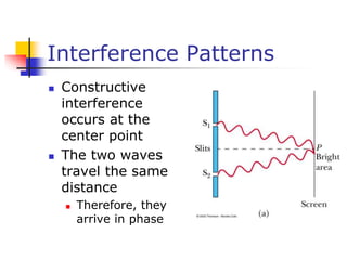 Interference Patterns
 Constructive
interference
occurs at the
center point
 The two waves
travel the same
distance
 Therefore, they
arrive in phase
 