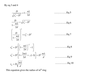 By eq 3 and 4
This equation gives the radius of mth
ring
……………Eq 5
……………Eq 6
……………Eq 7
……………Eq 8
……………Eq 9
……………Eq 10
 