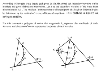 According to Huygens wave theory each point of slit AB spread out secondary wavelets which
interfere and gives diffraction phenomena. Let n be the secondary wavelets of the wave front
incident on slit AB . The resultant amplitude due to all equal parts of slit AB at the point P can
be determine by the method of vector addition of amplitude. This method is known as
polygon method
For this construct a polygon of vector that magnitude Ao
represent the amplitude of each
wavelets and direction of vector represented the phase of each wavelets
nɸ=δ
δ/2
δ/2 N
A
B
C
δ
2δ
nδ
r
nɸ=δ
A
B
R
R/2
R/2
 
