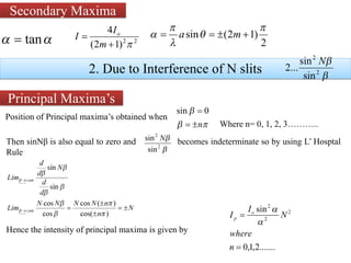 Secondary Maxima
2. Due to Interference of N slits
Principal Maxima’s
Position of Principal maxima’s obtained when
Where n= 0, 1, 2, 3………..
Then sinNβ is also equal to zero and becomes indeterminate so by using L’ Hosptal
Rule
Hence the intensity of principal maxima is given by
 