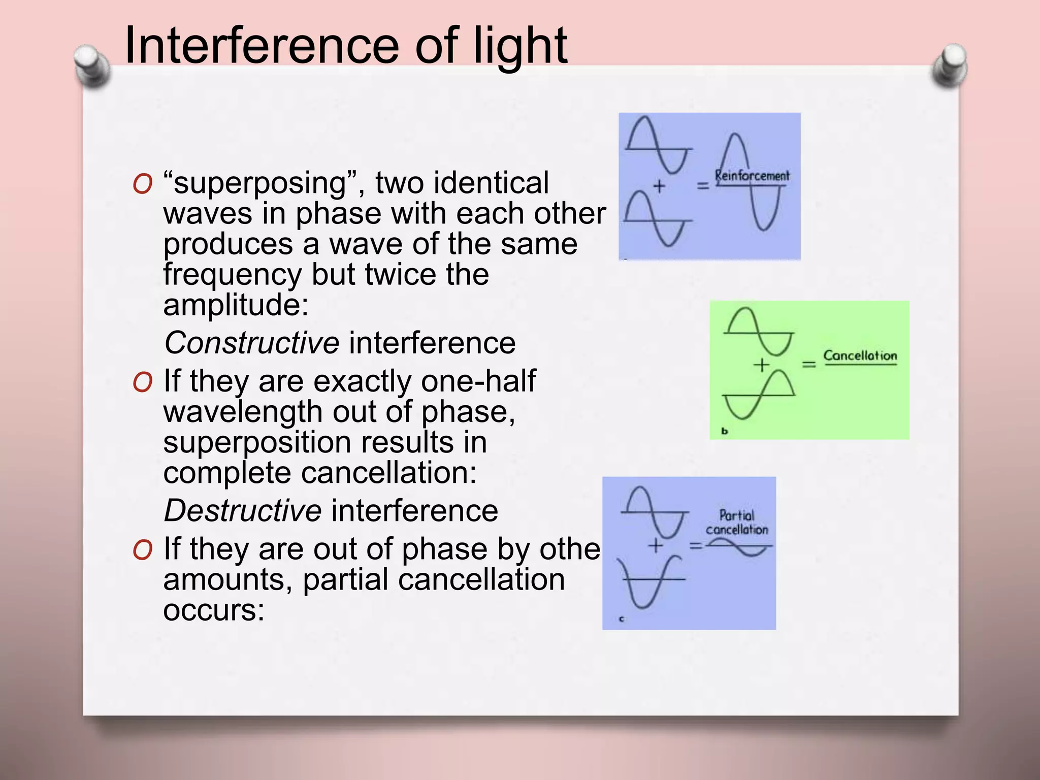 Interference of light
O “superposing”, two identical
waves in phase with each other
produces a wave of the same
frequency but twice the
amplitude:
Constructive interference
O If they are exactly one-half
wavelength out of phase,
superposition results in
complete cancellation:
Destructive interference
O If they are out of phase by other
amounts, partial cancellation
occurs:
 