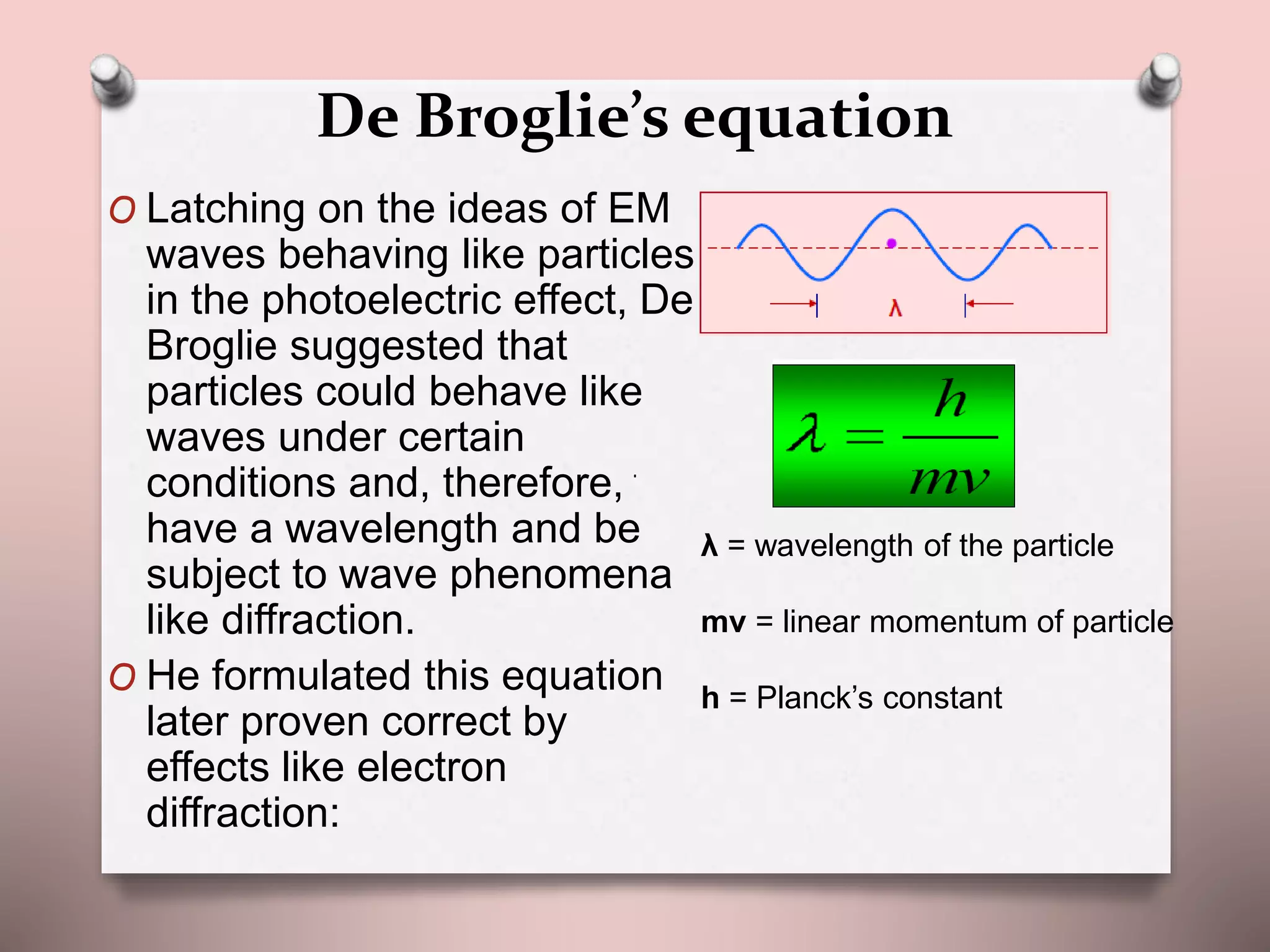 De Broglie’s equation
O Latching on the ideas of EM
waves behaving like particles
in the photoelectric effect, De
Broglie suggested that
particles could behave like
waves under certain
conditions and, therefore,
have a wavelength and be
subject to wave phenomena
like diffraction.
O He formulated this equation
later proven correct by
effects like electron
diffraction:
λ = wavelength of the particle
mv = linear momentum of particle
h = Planck’s constant
 