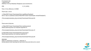 $ composer test
> phpunit test
PHPUnit 7.3.5 by Sebastian Bergmann and contributors.
FFE 3 / 3 (100%)
Time: 19 ms, Memory: 4.00MB
There was 1 error:
1) WavePHPCheerCheerleaderTest::testWhatsThatSpell
Error: Call to undeﬁned method WavePHPCheerCheerleader::whatsThatSpell()
/Volumes/git/wavephp_phpunit/test/CheerleaderTest.php:34
--
There were 2 failures:
1) WavePHPCheerCheerleaderTest::testGimmeAnG
Failed asserting that null matches expected 'G'.
/Volumes/git/wavephp_phpunit/test/CheerleaderTest.php:13
2) WavePHPCheerCheerleaderTest::gimmeAnO
Failed asserting that null matches expected 'O'.
/Volumes/git/wavephp_phpunit/test/CheerleaderTest.php:23
ERRORS!
Tests: 3, Assertions: 2, Errors: 1, Failures: 2.
Script phpunit test handling the test event returned with error code 2
 