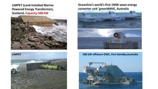 LIMPET (Land Installed Marine
Powered Energy Transformer),
Scotland, Capacity-500 kW
Oceanlinx’s world's first 1MW wave energy
converter unit 'greenWAVE, Australia
500 kW offshore OWC, Port Kembla,AustraliaLIMPET
 