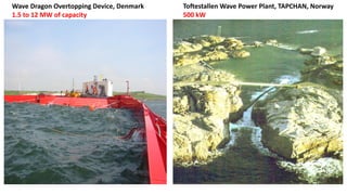 Wave Dragon Overtopping Device, Denmark
1.5 to 12 MW of capacity
Toftestallen Wave Power Plant, TAPCHAN, Norway
500 kW
 