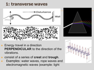 1: transverse waves
 Energy travel in a direction
PERPENDICULAR to the direction of the
vibrations.
 consist of a series of crest and trough.
 Examples: water waves, rope waves and
electromagnetic waves (example: light
 