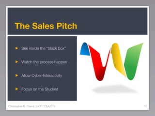 The Sales Pitch

          See inside the “black box”


          Watch the process happen


          Allow Cyber-Interac...