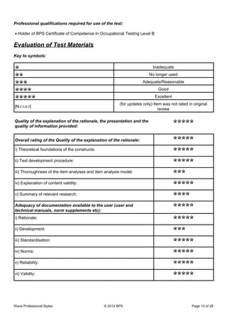 Professional qualifications required for use of the test:
Holder of BPS Certificate of Competence in Occupational Testing Level B•
Evaluation of Test Materials
Key to symbols:
Inadequate
No longer used
Adequate/Reasonable
Good
Excellent
[N.r.i.o.r]
(for updates only) Item was not rated in original
review
Quality of the explanation of the rationale, the presentation and the
quality of information provided:
Overall rating of the Quality of the explanation of the rationale:
i) Theoretical foundations of the constructs:
ii) Test development procedure:
iii) Thoroughness of the item analyses and item analysis model:
iv) Explanation of content validity:
v) Summary of relevant research:
Adequacy of documentation available to the user (user and
technical manuals, norm supplements etc):
i) Rationale:
ii) Development:
iii) Standardisation:
iv) Norms:
v) Reliability:
vi) Validity:
Wave Professional Styles © 2014 BPS Page 13 of 28
 