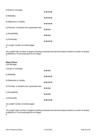 i) Scope or coverage:
ii) Reliability:
iii) Relevance or Validity:
iv) Fairness, or freedom from systematic bias:
v) Acceptability:
vi) Practicality:
vii) Length−number of printed pages:
4
viii) Length index (number of pages (including composite and derived scales) divided by number of scales),
multiplied by 10 and expressed as an integer:
1
Report Name:
Line Manager
i) Scope or coverage:
ii) Reliability:
iii) Relevance or Validity:
iv) Fairness, or freedom from systematic bias:
v) Acceptability:
vi) Practicality:
vii) Length−number of printed pages:
3
viii) Length index (number of pages (including composite and derived scales) divided by number of scales),
multiplied by 10 and expressed as an integer:
2
Wave Professional Styles © 2014 BPS Page 20 of 28
 