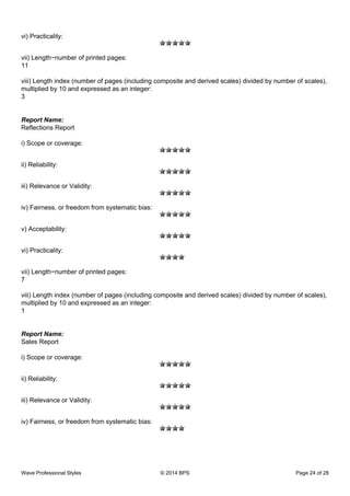 vi) Practicality:
vii) Length−number of printed pages:
11
viii) Length index (number of pages (including composite and derived scales) divided by number of scales),
multiplied by 10 and expressed as an integer:
3
Report Name:
Reflections Report
i) Scope or coverage:
ii) Reliability:
iii) Relevance or Validity:
iv) Fairness, or freedom from systematic bias:
v) Acceptability:
vi) Practicality:
vii) Length−number of printed pages:
7
viii) Length index (number of pages (including composite and derived scales) divided by number of scales),
multiplied by 10 and expressed as an integer:
1
Report Name:
Sales Report
i) Scope or coverage:
ii) Reliability:
iii) Relevance or Validity:
iv) Fairness, or freedom from systematic bias:
Wave Professional Styles © 2014 BPS Page 24 of 28
 