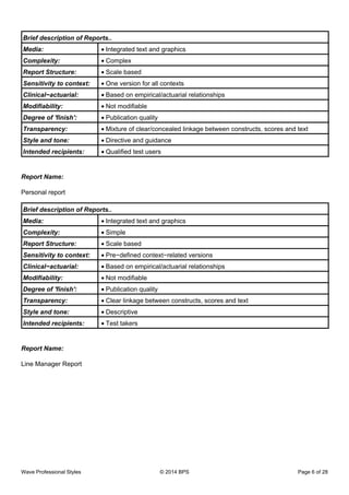 Brief description of Reports..
Media: Integrated text and graphics•
Complexity: Complex•
Report Structure: Scale based•
Sensitivity to context: One version for all contexts•
Clinical−actuarial: Based on empirical/actuarial relationships•
Modifiability: Not modifiable•
Degree of 'finish': Publication quality•
Transparency: Mixture of clear/concealed linkage between constructs, scores and text•
Style and tone: Directive and guidance•
Intended recipients: Qualified test users•
Report Name:
Personal report
Brief description of Reports..
Media: Integrated text and graphics•
Complexity: Simple•
Report Structure: Scale based•
Sensitivity to context: Pre−defined context−related versions•
Clinical−actuarial: Based on empirical/actuarial relationships•
Modifiability: Not modifiable•
Degree of 'finish': Publication quality•
Transparency: Clear linkage between constructs, scores and text•
Style and tone: Descriptive•
Intended recipients: Test takers•
Report Name:
Line Manager Report
Wave Professional Styles © 2014 BPS Page 6 of 28
 