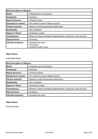 Brief description of Reports..
Media: Integrated text and graphics•
Complexity: Complex•
Report Structure: Criterion based•
Sensitivity to context: Pre−defined context−related versions•
Clinical−actuarial: Based on empirical/actuarial relationships•
Modifiability: Not modifiable•
Degree of 'finish': Publication quality•
Transparency: Mixture of clear/concealed linkage between constructs, scores and text•
Style and tone: Guidance•
Intended recipients: Qualified test users•
Test takers•
Qualified system users•
Report Name:
Leadership Report
Brief description of Reports..
Media: Integrated text and graphics•
Complexity: Complex•
Report Structure: Construct based•
Sensitivity to context: Pre−defined context−related versions•
Clinical−actuarial: Based on empirical/actuarial relationships•
Modifiability: Not modifiable•
Degree of 'finish': Publication quality•
Transparency: Mixture of clear/concealed linkage between constructs, scores and text•
Style and tone: Guidance•
Intended recipients: Qualified test users•
Report Name:
Interview Guide
Wave Professional Styles © 2014 BPS Page 9 of 28
 