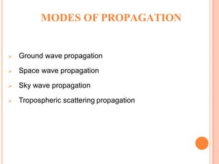 MODES OF PROPAGATION
 Ground wave propagation
 Space wave propagation
 Sky wave propagation
 Tropospheric scattering propagation
 