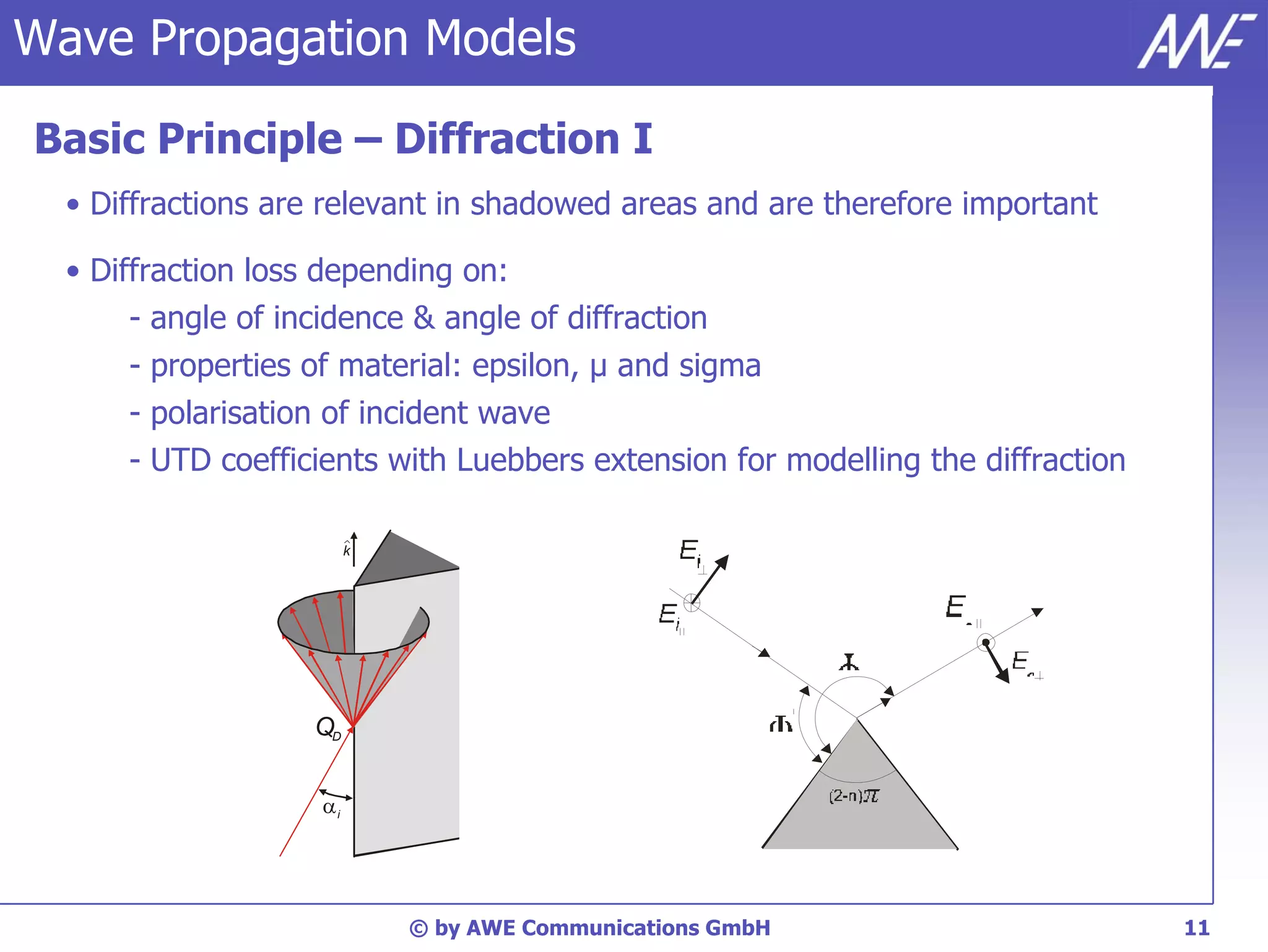 Wave Propagation Models

Basic Principle – Diffraction I
  • Diffractions are relevant in shadowed areas and are therefore important

  • Diffraction loss depending on:
       - angle of incidence & angle of diffraction
       - properties of material: epsilon, µ and sigma
       - polarisation of incident wave
       - UTD coefficients with Luebbers extension for modelling the diffraction

                         k




                    QD


                    i




                             © by AWE Communications GmbH                         11
 